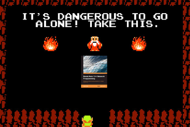 Screenshot of original Legend of Zelda &ldquo;It&rsquo;s dangerous to go alone! Take this!&rdquo; screen but with the sword replaced with the ebook being reviewed